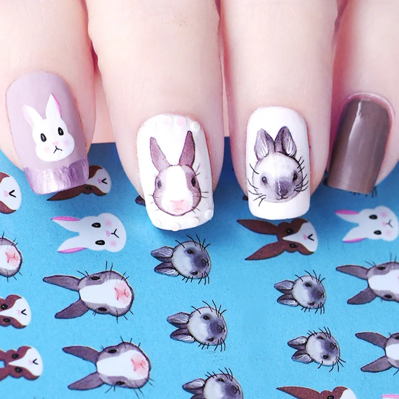 Переводная наклейка для ногтей с изображением кролика, воды, Kawaii, Банни, цветок, переводная наклейка для ногтей, маникюр, сделай сам, художественное украшение для ногтей