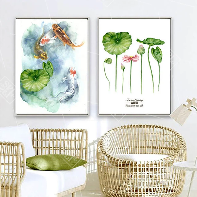 Картина в китайском стиле с чернилами Koi Fish Lotus Flower винтажная Настенная картина