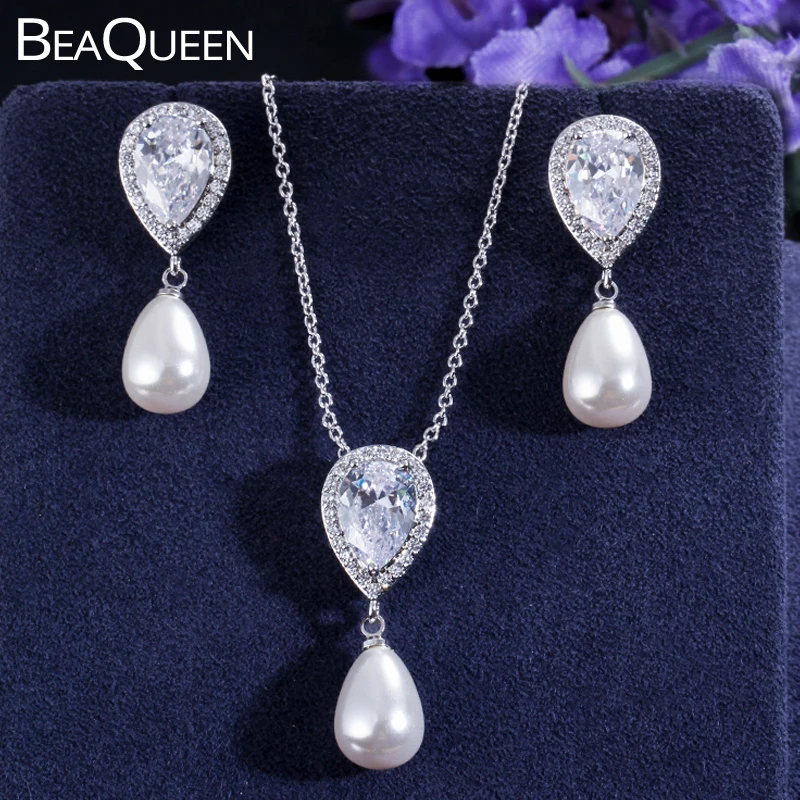 BeaQueen фианитовая слезинка камень инкрустированный жемчуг висячие серьги Подвеска Ожерелье Набор Мода Кристалл элегантные женские ювелирные аксессуары JS197