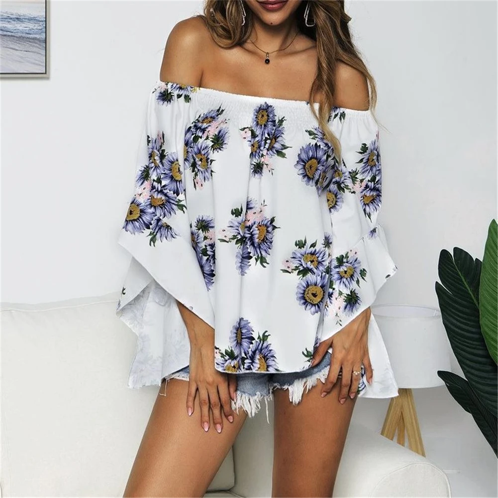 Женский цветочный Boho Цветочный длинный рукав-колокол свободные топы женские