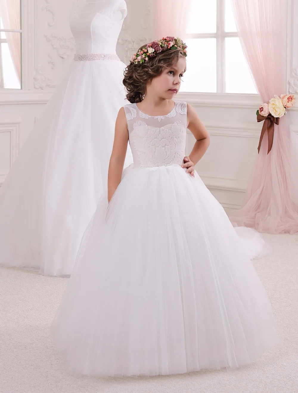 

Appliques Sleeveless Holy Communion Infant Girls Dresses Kids Cream Floor Length Elegant Tulle Ball Gowns 0-14 Year Girls Dress