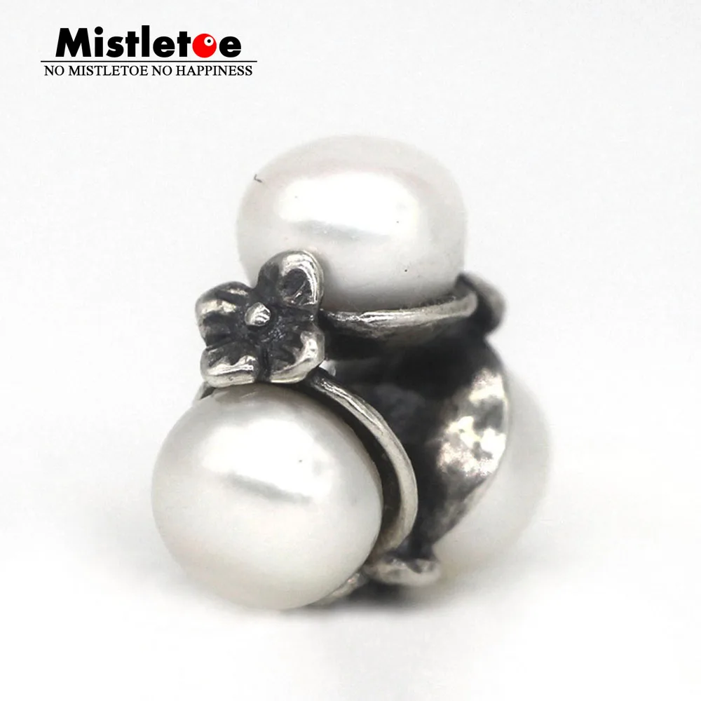 Mistletoe 925 пробы Серебряный тройной жемчуг, белый Шарм натуральные белые жемчужные бусины Подходит для европейских троллей 3,0 мм браслет ювелирные изделия