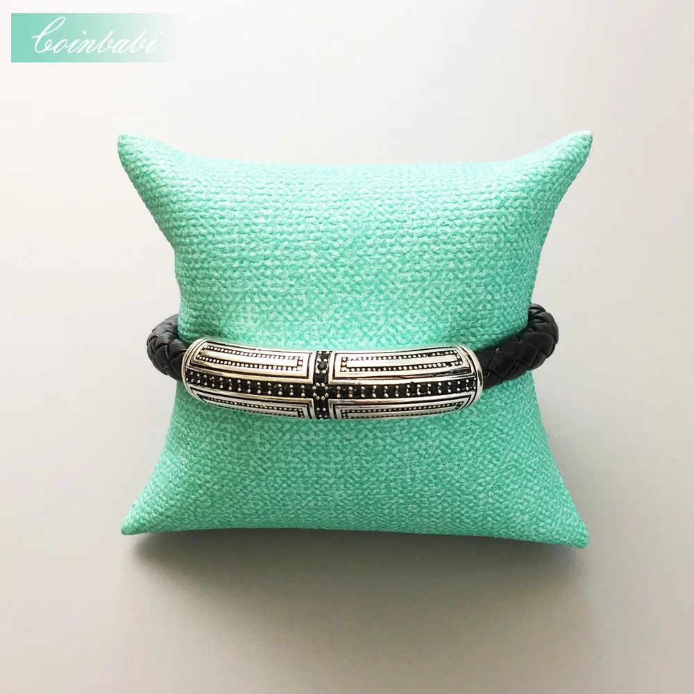 Кожаный браслет для мужчин с черным перекрестным креплением Sharp 925 стерлингового