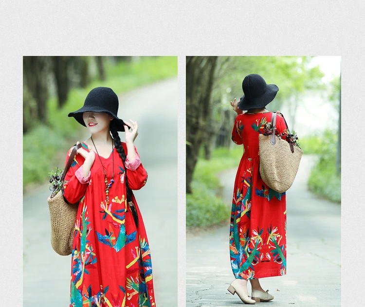 Plus Size Women Vintage Dress Summer Autumn Sundress Cotton Linen Vestidos Lady Long Dresses Print Floral Loose Casual Dress