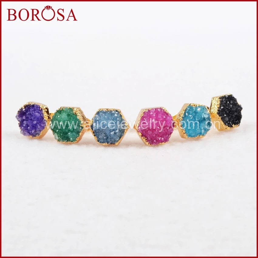 Серьги гвоздики BOROSA Druzy 1 пара с шестигранным натуральным кристаллом золотистые