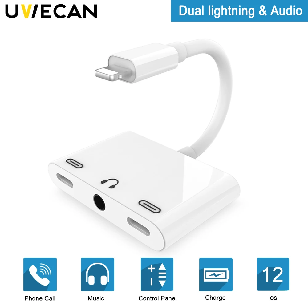 Адаптер 3 в 1 для зарядки Lightning и Dual Light ning с Аудиоразъемом 5 мм наушников iPhone X/8/8 P/7 iOS