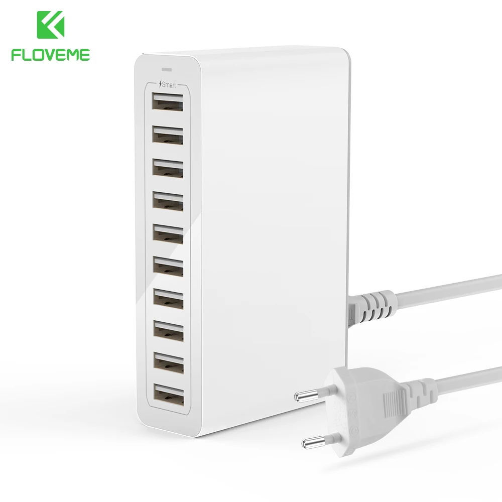 

FLOVEME 10 Ports USB Charger Smart Desktop Chargers for Smartphone and Tablets Mobile Phone Travel Charger Adapter EU/US Plug