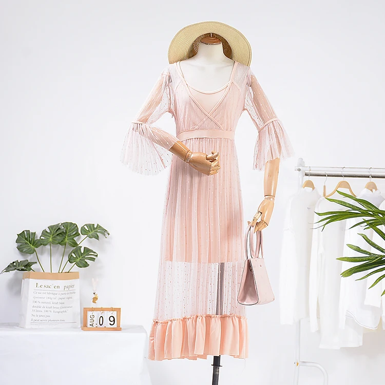 2019 Весна новое платье для женщин сетки с расклешенными рукавами Chic Стиль кружево