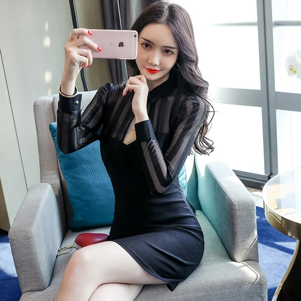 Женское облегающее платье с длинным рукавом черное Сетчатое мини лето 2019|Женские