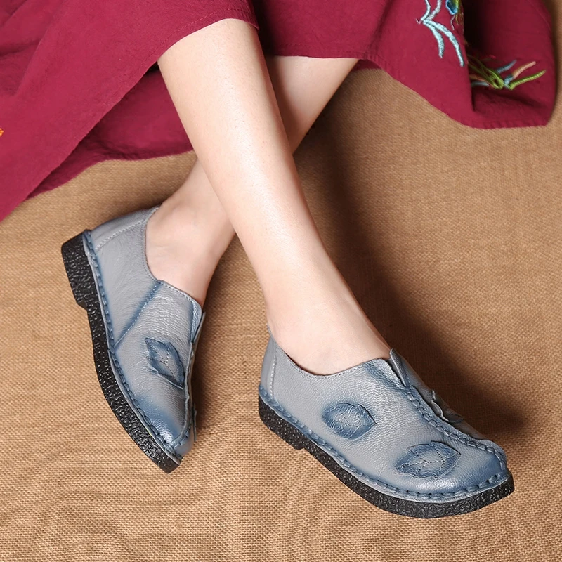 OUKAHUI Spring/autumn Chinese Fashion Style Genuine Leather Shoes Women Flats Leaves Hand-made Slip-on Casual Flat Mother | Обувь