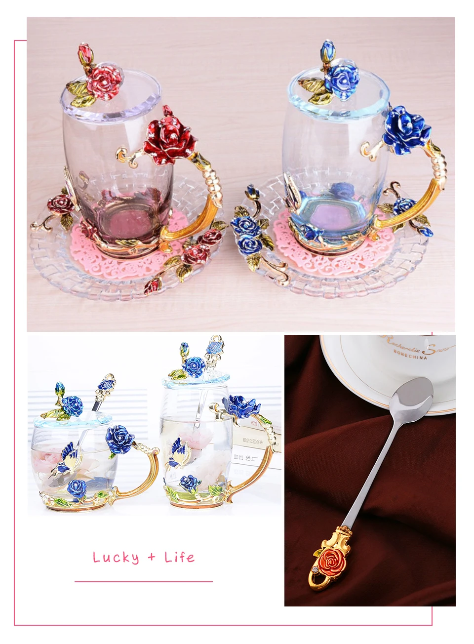 Enamel Color Coffee /Tea Cup Glass Chinese Tea Cup Coffee Mugs Creative Heat-Resistant Glass Cups Set with Stainless Steel Spoon
