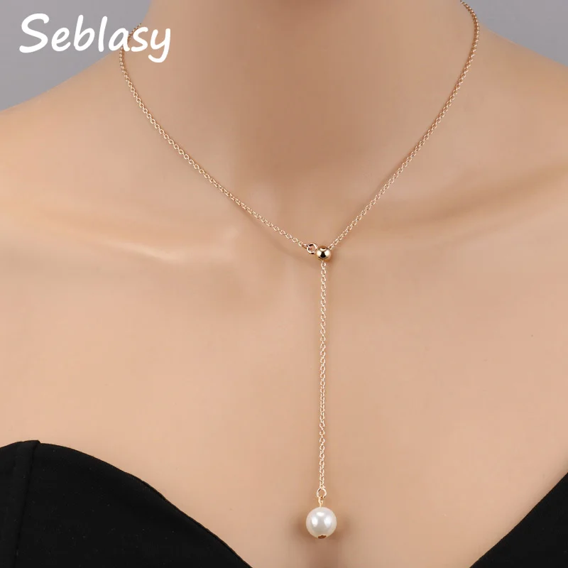 Женское колье из искусственного жемчуга Seblasy классическое с цепочкой до ключицы