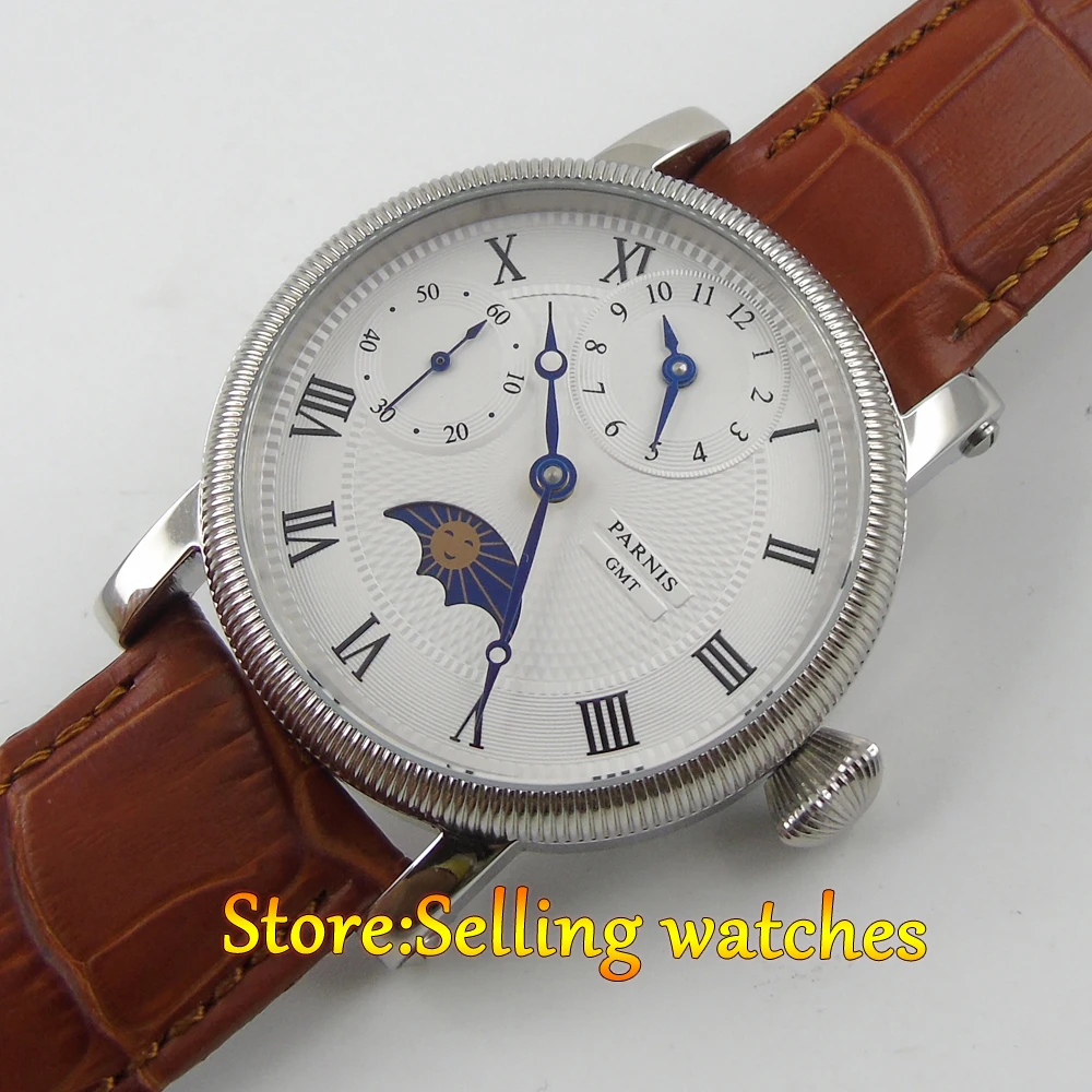 42 мм Мужские наручные часы Parnis с белым циферблатом Moon Phase GMT