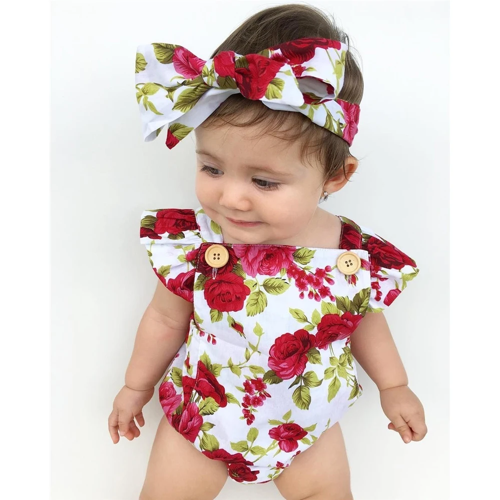 Oklady 2019 Floral Newborn Baby Girl Clothes Ruffles Sleeve Bodysuit +Headband 2pcs Outfit Bebek Giyim Sunsuit 0-24M Clearance | Детская