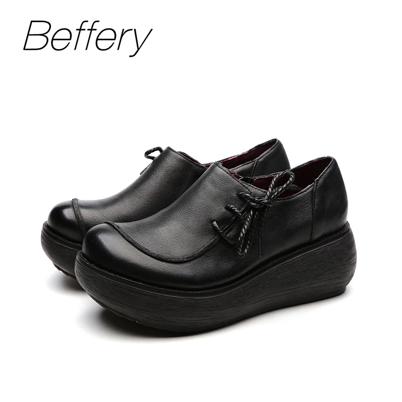 Beffery 2018 Spring Summer style Genuine Leather Flat Platform Shoes Women Retro Round toe Ultra-soft Thick bottom Casual | Обувь