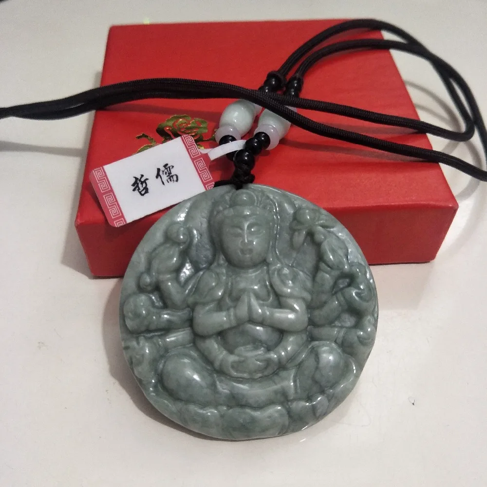 

Factory price natural stone carving light green thousand-handed Guanyin Pendant with hand-woven Brown rope necklace