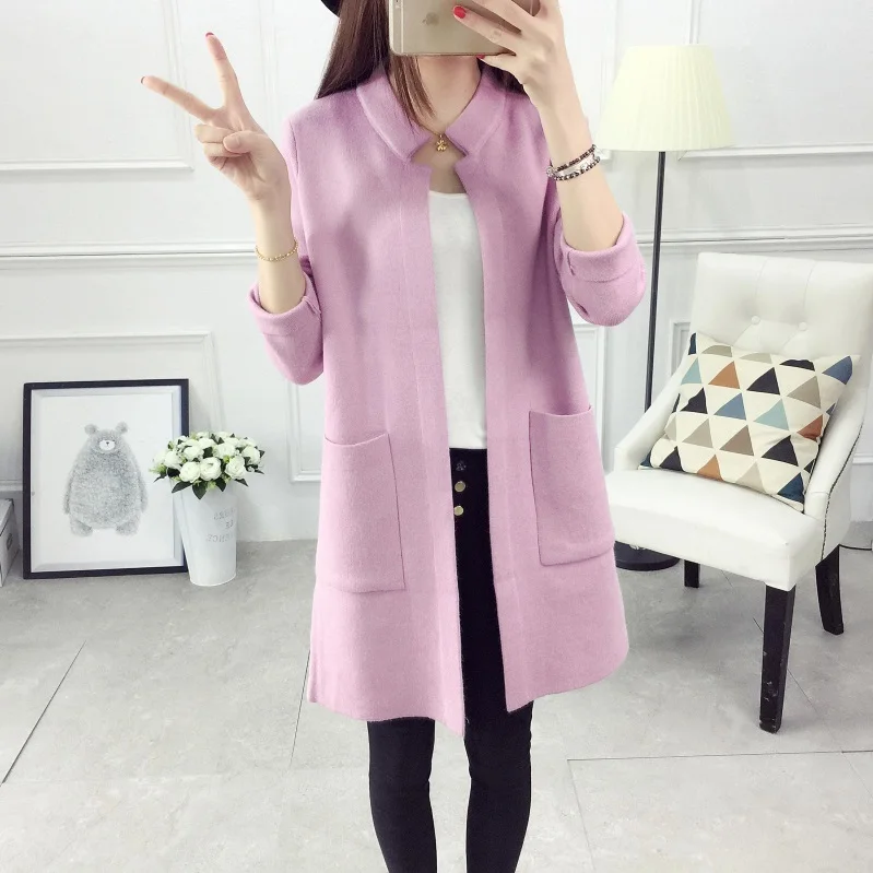 Light purple Весна, Женский вязаный длинный кардиган, пальто, повседневные топы, свободный карман, длинный рукав, свитер, кардиган размера плюс, женский свитер 81 - Цвет: Light purple