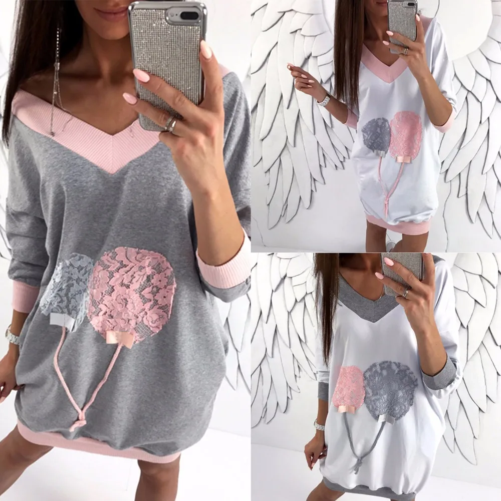 Женское платье свитшот с длинным рукавом и глубоким V образным вырезом|dress women|balloon