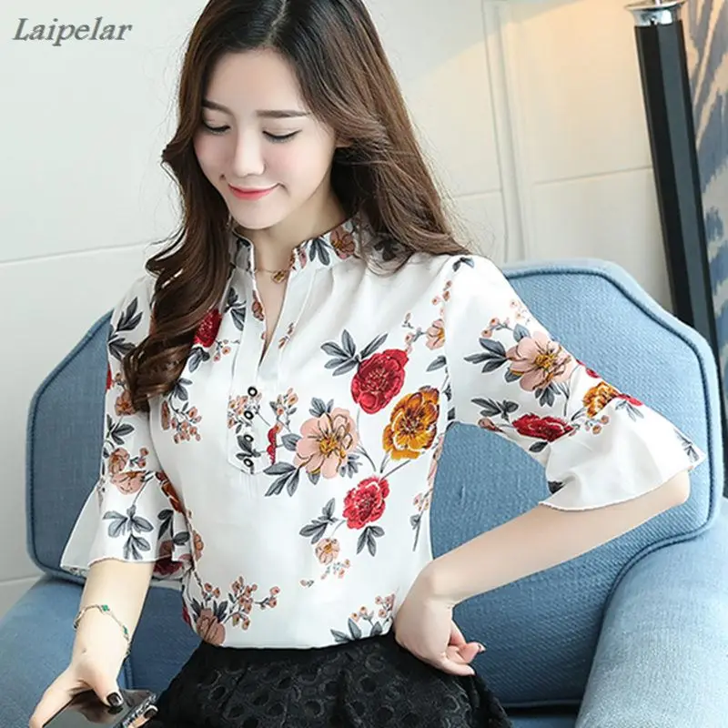 Блузка женская шифоновая в полоску модная рубашка с цветочным принтом свободная