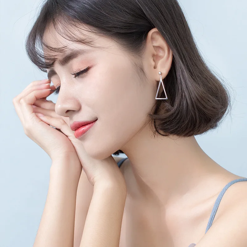 asymmetry Earrings Authentic Real 100% 925 Sterling Silver fine Jewelry hollow Triangle &ampStraight Bar Long GTLE2529 | Украшения и