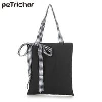 women canvas handbag reusable sweet bow shoulder bags female large capacity ladies beach bag canvas casual tote shopping handbag