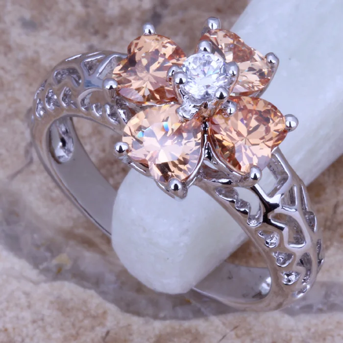 Цветок шампанского морганит Белый CZ посеребренное кольцо Размер 5 / 6 / 7 / 8 / 9 D888