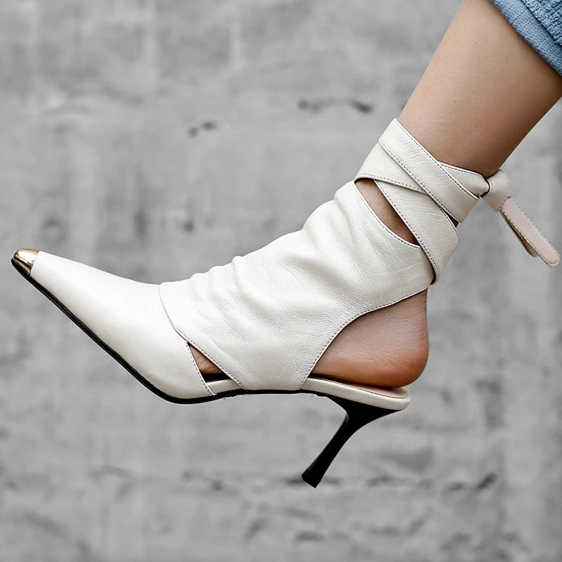 

2019 Summer New Hollow out genuine leather Martin boots woman Metal pointed toe Fashion punk boots Thin Heels Black Ankle boots