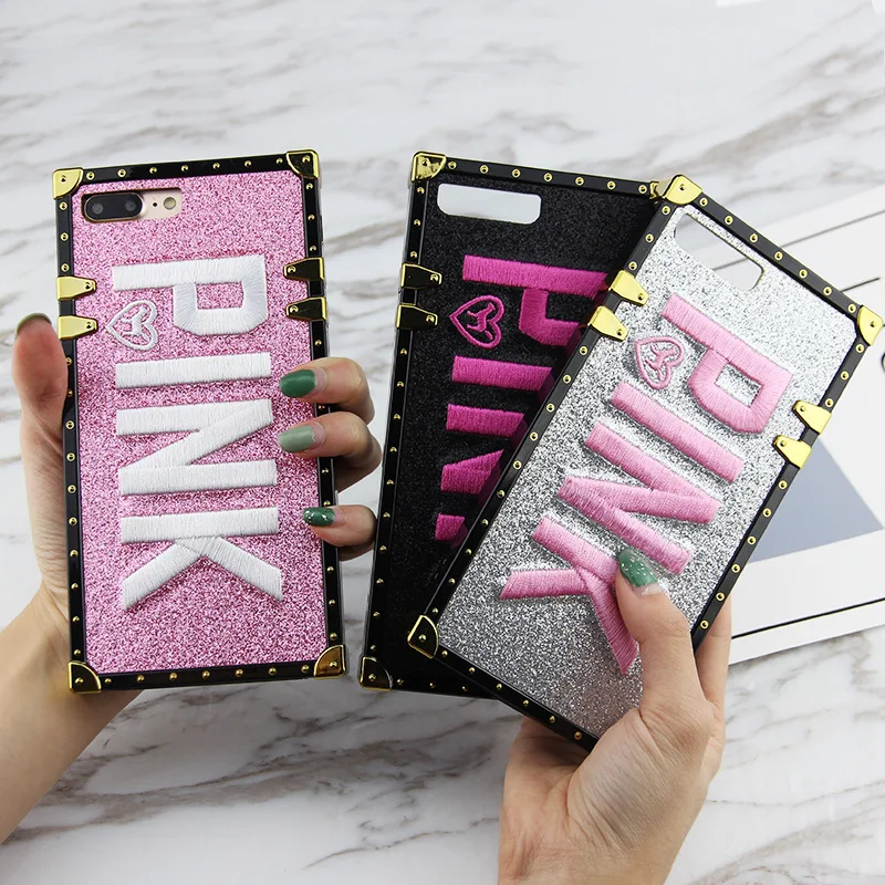 Brand PINK Case For Iphone XS Max X XR 7 8 Plus Square Samsung Galaxy S10 E S8 S9 Note 9 Bling Glitter Secret Cover |