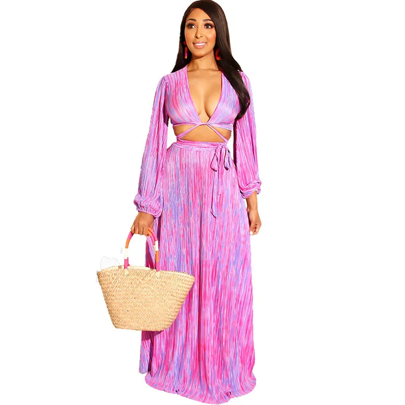 Сексуальное Платье макси с v-образным вырезом и длинным рукавом из двух частей