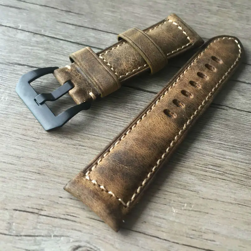 MERJUST 22mm 24mm Italy Brown Crazy Horse Genuine Leather Watchband Wristband For PAM PAM111 PAM441 Big Pilot Watch Strap