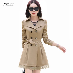 Женский двубортный Тренч FTLZZ, осенняя Повседневная ветровка размера плюс с кружевом