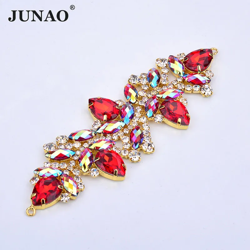 JUNAO, 45*140 мм, Стразы для шитья, красный цветок AB, соединитель со стразами, пряжка, стеклянные кристаллы, полоски, аппликация, золото, плоские с оборота камни, сделай сам