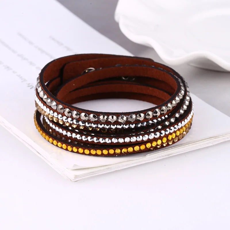 Brown Bracelet HOCOLE тренд кожаный браслет со стразами женский шарм кристалл обруч Многослойные браслеты для женщин Свадебные модные ювелирные изделия - Окраска металла: Brown Bracelet