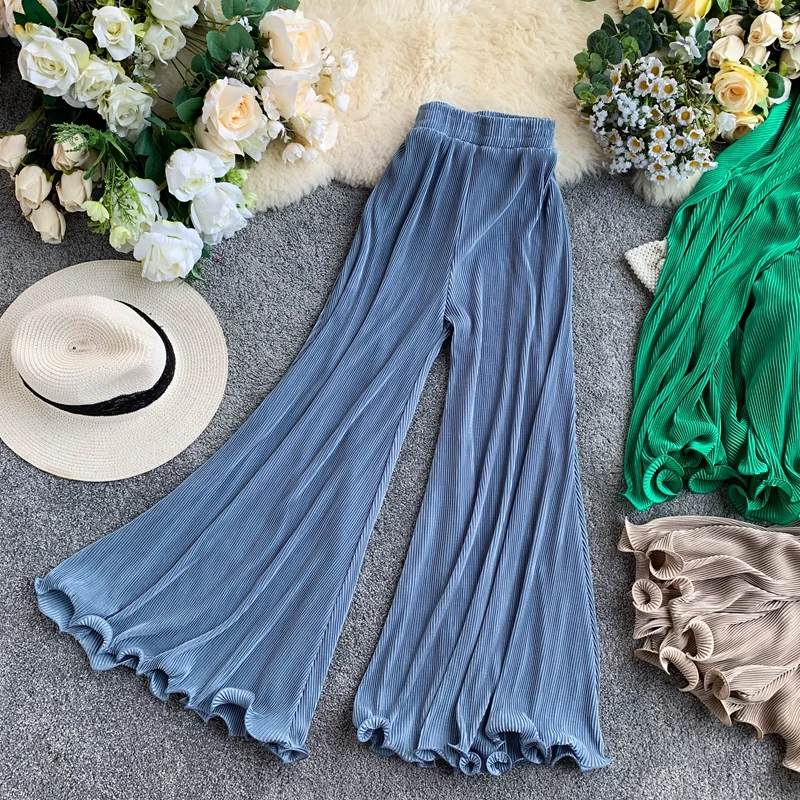 2019 новые модные женские широкие брюки с высокой талией плиссированные