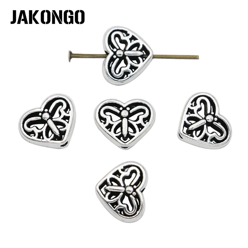 

JAKONGO Antique Silver Plated Heart Butterfly Spacer Beads for Jewelry Making Bracelet DIY Accessories Craft 20pcs