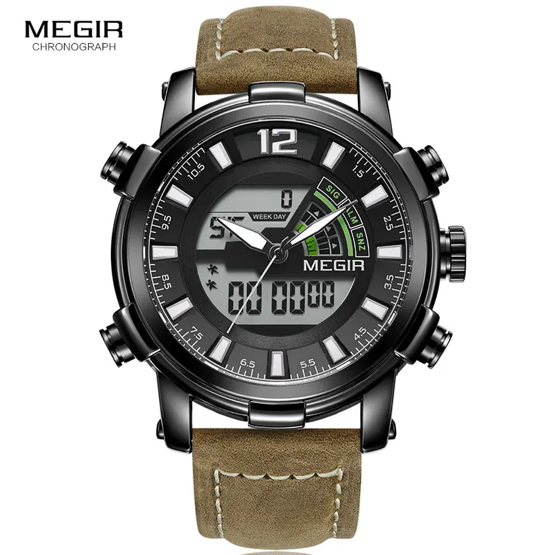 ML2089G-Black Megir Мужские Цифровые кварцевые часы с хронографом, спортивные часы с двойным часовым поясом, кожаный ремешок, светящиеся стрелки, наручные часы, мужские 2089G, черные - Цвет: ML2089G-Black