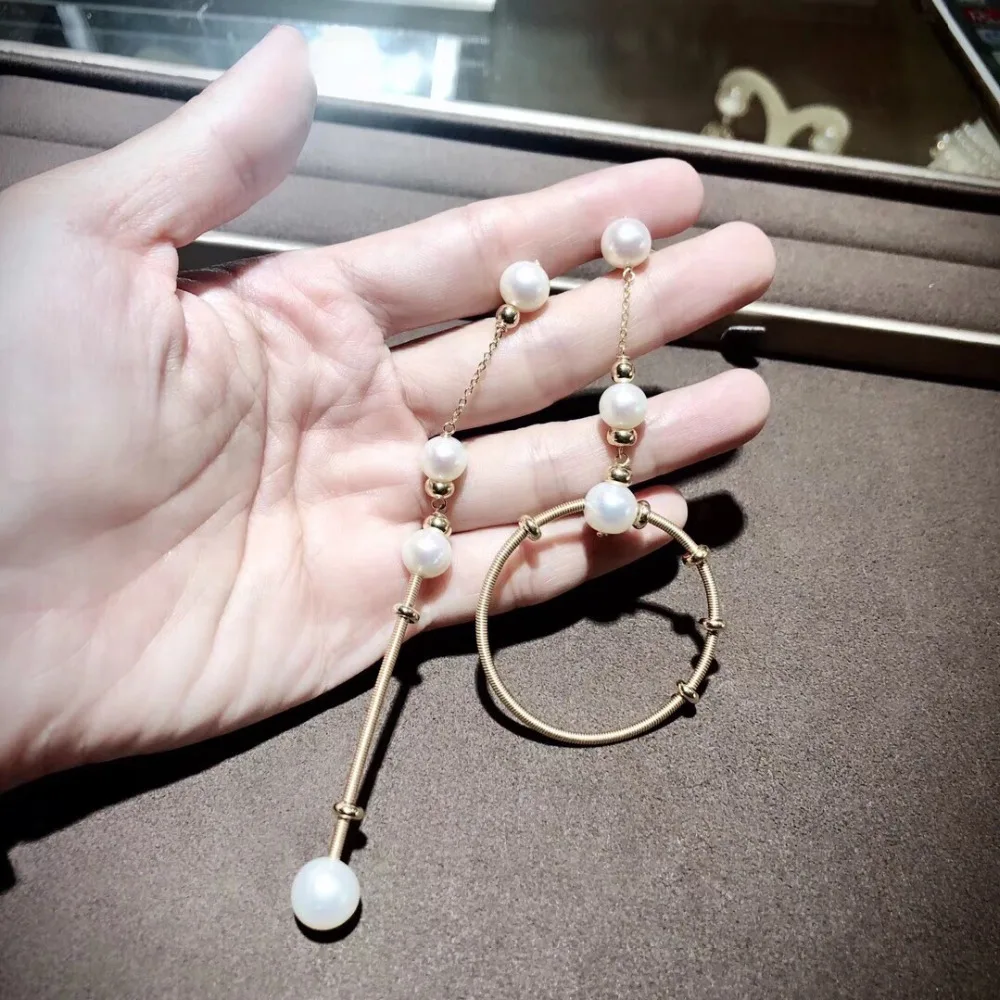 ANI 14K Roll Gold Handmade Women Drop Earring Natural Freshwater White Pearl Long Gold Earring Dangle brincos para as mulheres