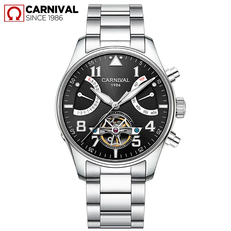 Silver Steel Black Карнавальный Скелет Sandblast механические мужские часы водонепроницаемые светящиеся из нержавеющей стали Tourbillion Montre TopBrand Роскошные relogio - Цвет: Silver Steel Black