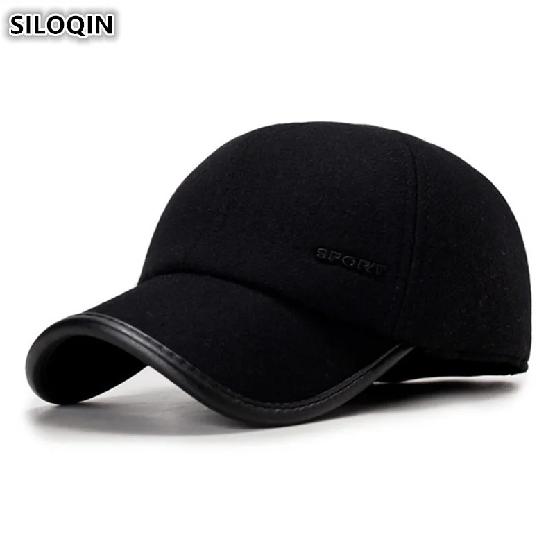 SILOQIN, новинка, зимняя мужская шапка, теплая, толстая, шерстяная, бейсболка, s, с ушками, регулируемый размер, наушники, шапки для мужчин, простая брендовая Кепка