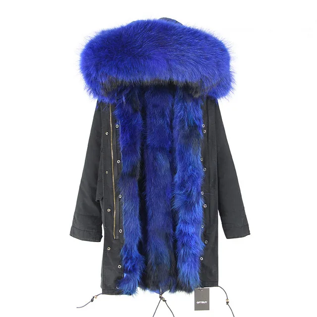 long black blue Пальто с натуральным мехом, зимняя куртка, Женская длинная парка, воротник из натурального меха енота, капюшон, подкладка из лисьего меха, Толстая теплая уличная одежда - Цвет: long black blue