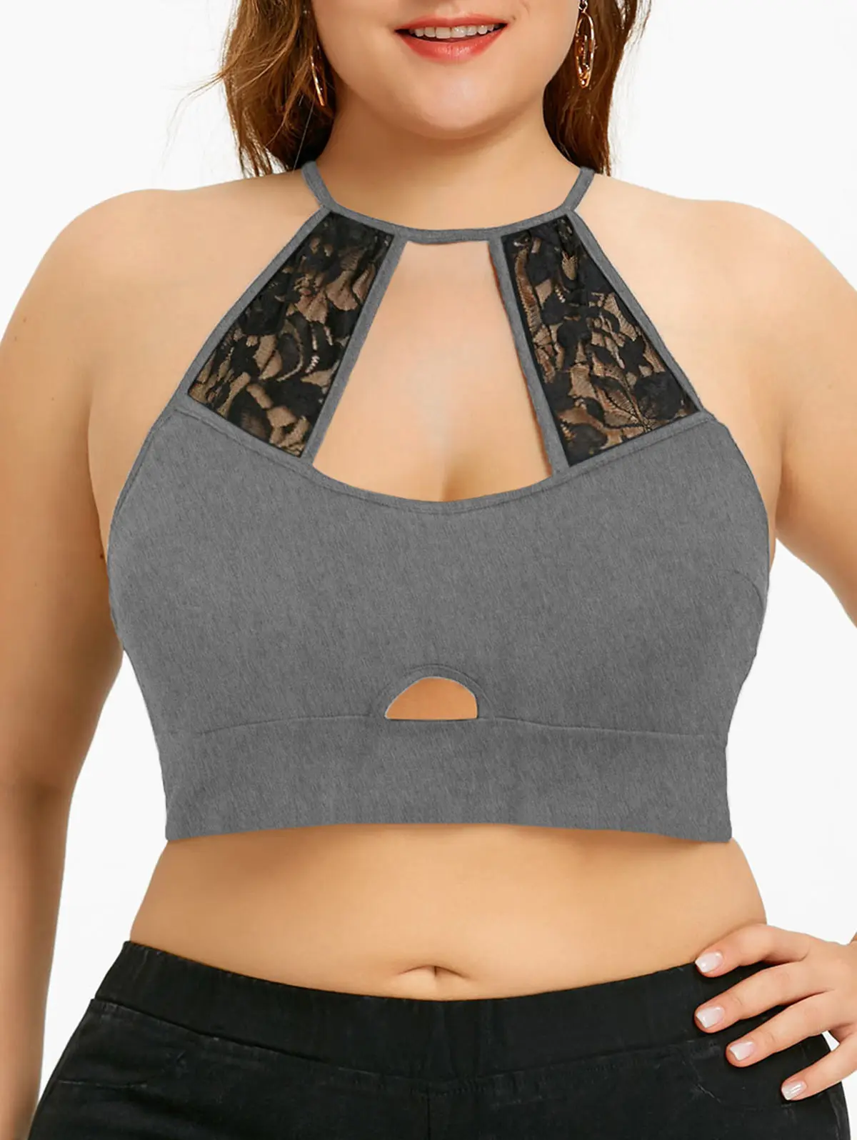Heather Gray Wipalo, Женская майка размера плюс 5XL, сексуальная, кружевная, кроше, отделка, вырез, камзол, черный, короткий топ с бретельками, без косточек, летние топы - Цвет: Heather Gray