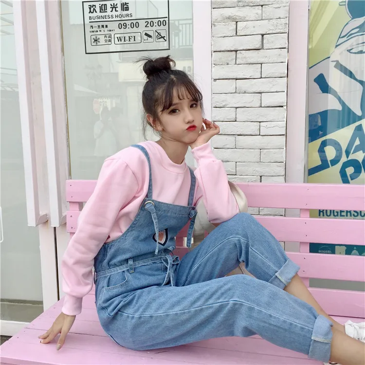 Талии галстук ремень регулируемые бретельки на подтяжках Denim Ankle Pant Kawaii комбинезон вышивка Любовь Жан корейский комбинезоны комбинезон