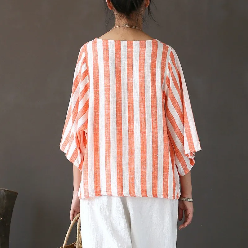 2019 Summer Women Vintage O-Neck Cotton Linen Striped Blouses Three Quarter Casual Button Loose Shirt Seven Sleeve Tops |