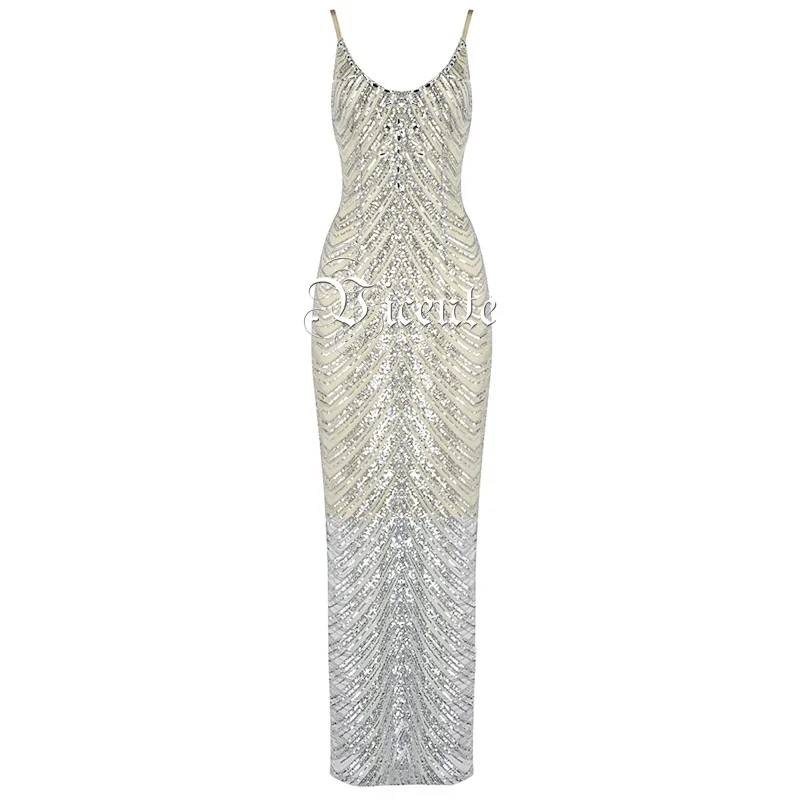 VC HOT 2020 New Chic Sequins Embellished Sexy Spagehtti Strap Mesh Splicing Celebrity Party Slip Dress | Женская одежда