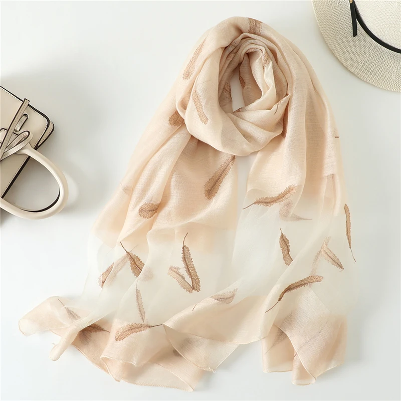 ZSYM01 beige Шелковый шерстяной шарф Женская мода перо вышивка Шаль Обертывание Элегантный женский солнцезащитный шарф Зимний шейный шарф хиджаб femme - Цвет: ZSYM01 beige