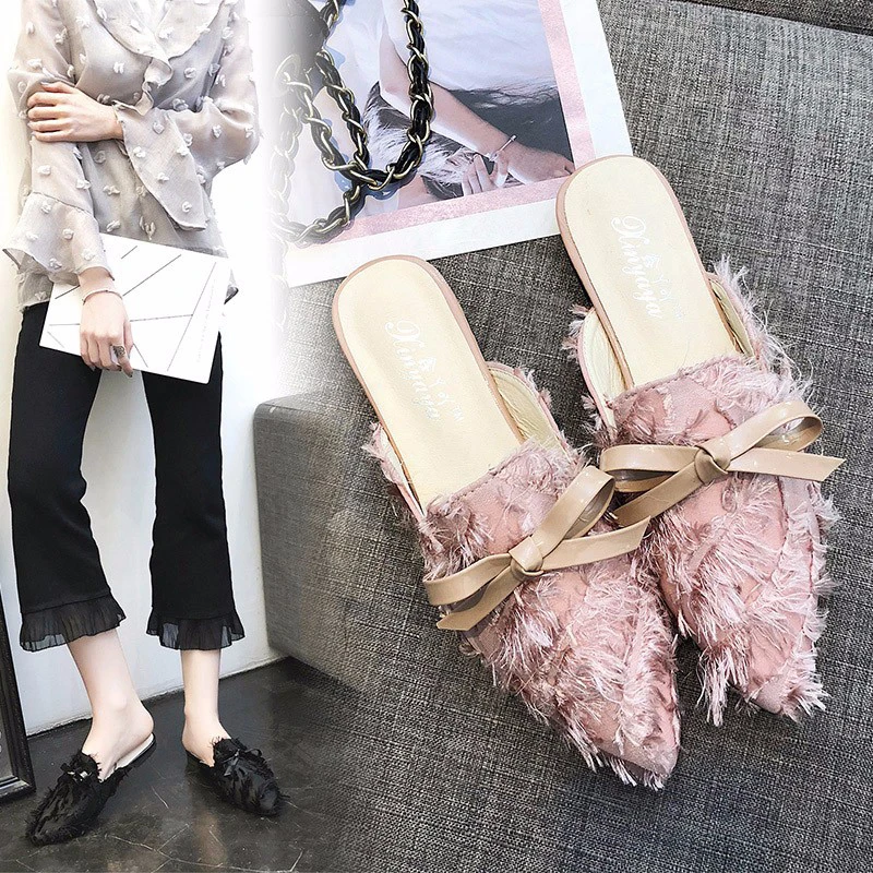 Женские домашние искусственные туфли на плоской подошве с бантом меховые