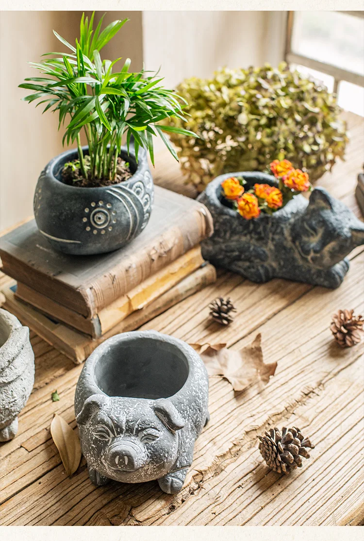 Creative Concrete Pig Fish Cat Rabbit Sculpture Statue Succulent Plant Container Green Planters Small Bonsai Pots Home Decor