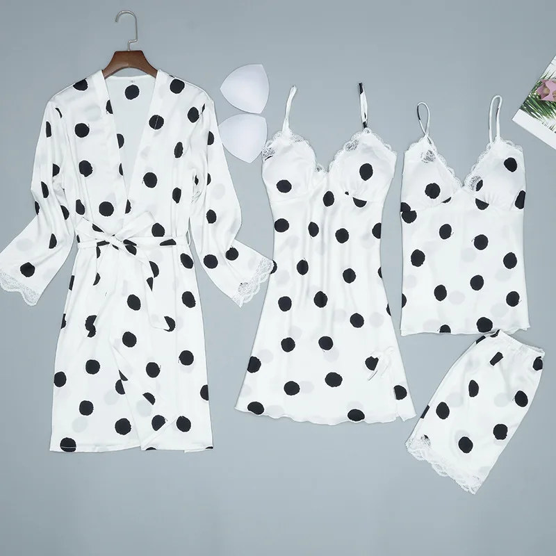 Белый женский пижамный комплект из 4 предметов топ на бретелях и штаны одежды для