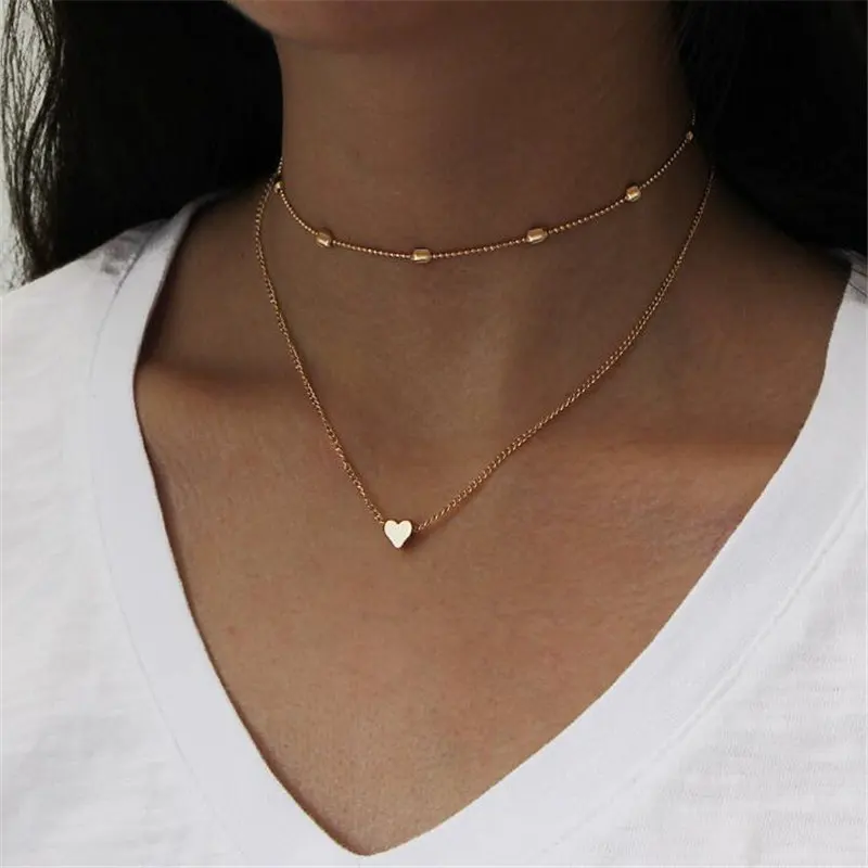 

Fashion Love Heart Pendant Necklaces for Women Double Layered Gold Silver Choker Chain Necklace Party Jewelry Gift