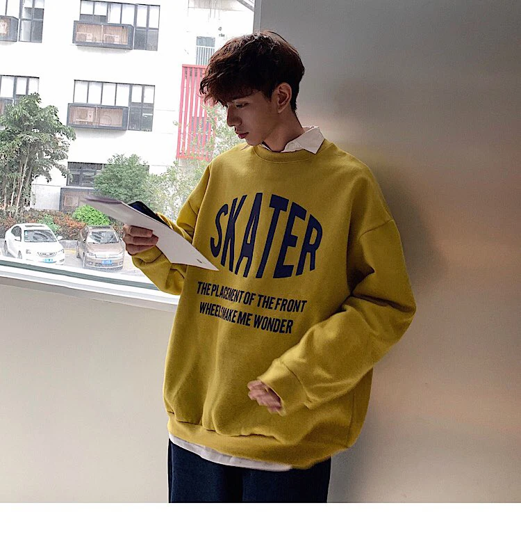 Spring And Autumn New Personality Trend Print Hoodie Loose Casual Round Neck Pullover Black / White / Yellow M-XL